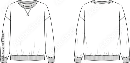 Crewneck sweatshirt technical sketch with dropped shoulders, ribbed cuffs and hem, vintage V-stitch detail, and front back views