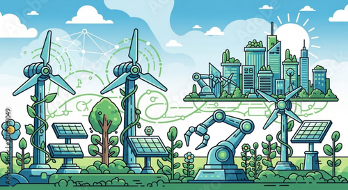 Sustainable cityscape with wind turbines solar panels and robotic technology under a sunny blue sky with green landscape