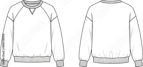 Crew neck sweatshirt technical sketch with raglan sleeves, ribbed cuffs and hem, V-stitch detail, and front back fashion views
