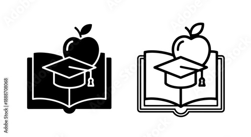 Education Icon: Open Book with Apple and Graduation Cap