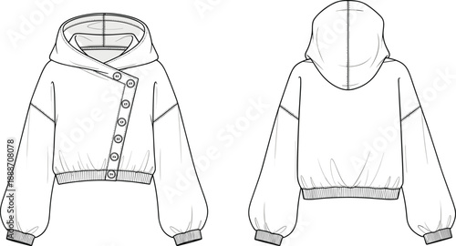 Cropped hoodie technical fashion illustration with front and back views, asymmetrical button placket, long sleeves and hood design
