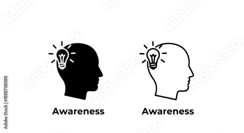 Awareness and Idea Icon: Silhouette of Head with Light Bulb
