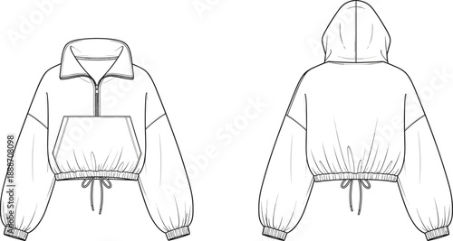 Cropped hoodie technical fashion illustration with front and back views, half zip collar, kangaroo pocket and drawstring hem