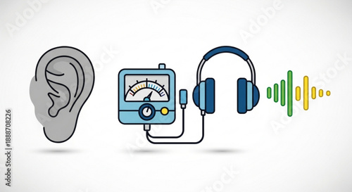 Hearing test equipment with headphones and sound waves for audiometry and hearing aid technology
