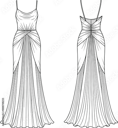 Elegant evening gown technical fashion flat sketch with front and back views, draped bodice and pleated skirt vector