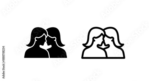 Two women icon in silhouette and outline, symbolizing friendship, partnership, or sisterhood