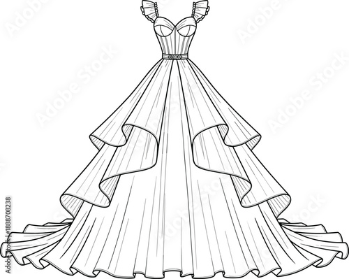 Elegant bridal ball gown fashion illustration with layered ruffle skirt, fitted corset bodice, and butterfly sleeve details outline