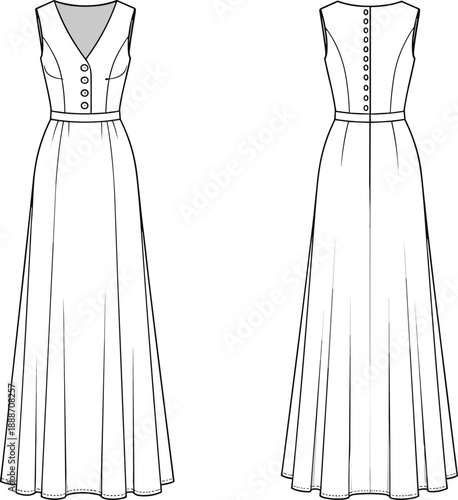 Elegant sleeveless A-line dress technical sketch with front and back views, button details, pleated skirt, and fashion design outline