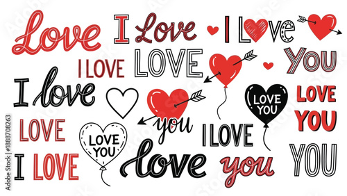 A vibrant collection of repeating love and affection phrases with heart illustrations is displayed