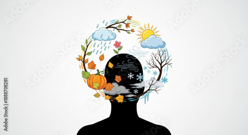 Person with head filled with changing seasonal weather and emotions