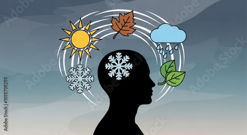 Person silhouette with seasonal weather icons and snowflakes around head representing mood swings and emotions