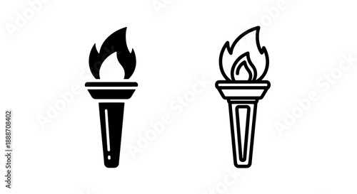 Icon set of a flaming torch, solid black and outlined, representing inspiration and guidance.