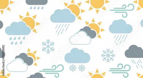 Weather icons on white background sunny and rainy day symbols with clouds and snowflakes