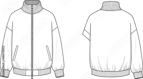 Flat vector illustration of zip up bomber jacket with ribbed collar and cuffs, front and back views, fashion technical drawing