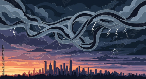 Dramatic cityscape with swirling storm clouds and lightning at sunset urban skyline silhouette