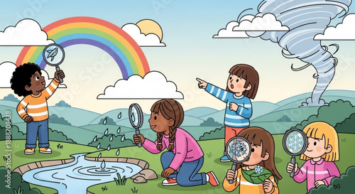 Diverse group of children exploring nature with magnifying glasses on green grass with rainbow and tornado in background