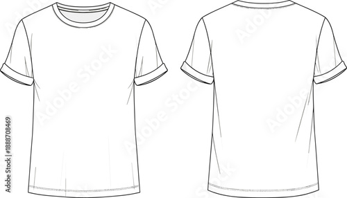 Front and Back View Blank T Shirt Template Mockup, Minimal Line Art Outline, Apparel Design Presentation Vector Illustration