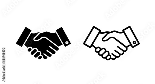 Business handshake icons in solid black and outline, representing agreement, partnership, and success.