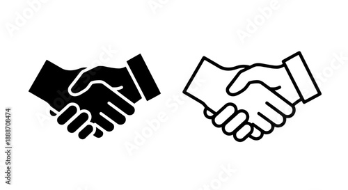 Business handshake icons in solid black and outline, representing agreement, partnership, and success.