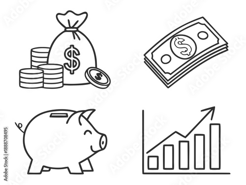 Finance and money vector icons set, clean line, editable stroke