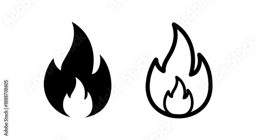 Flame icons in solid black and outline, symbolizing fire, heat, passion, and energy.