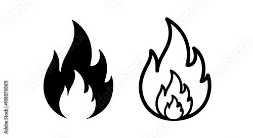 Flame icons in solid black and outline, symbolizing fire, heat, passion, and energy.