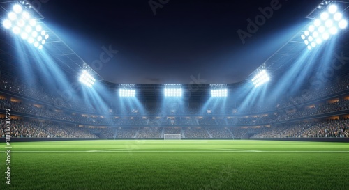 Brightly lit soccer stadium with green field and packed stands at night