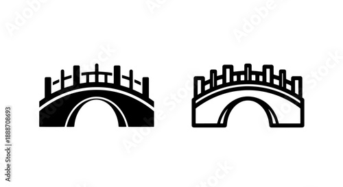 Elegant icons of an arched bridge with railings, representing connection, transition, and structure.