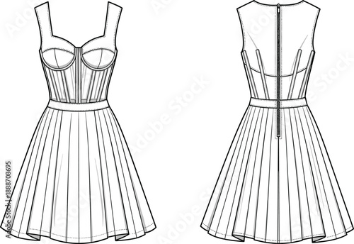 Front and back view technical fashion sketch of corset bodice dress with wide straps, pleated skirt, belt, and back zipper