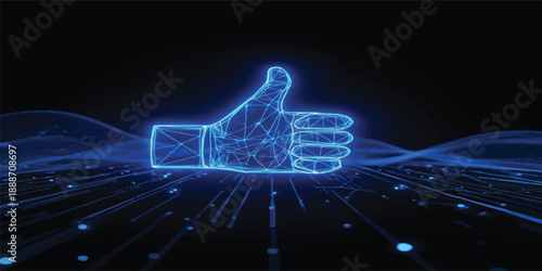 A digital business illustration featuring a blue like symbol on black and dark blue backgrounds with light lines, star flashes, and network technology vector design elements for an internet space wall