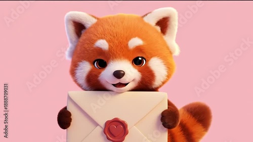 Cute 3D Red Panda Holding a Love Letter on Pink Background