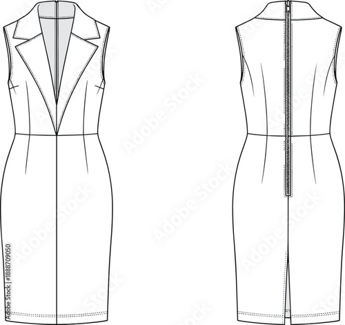 Front and back view technical fashion sketch of sleeveless sheath dress with notched lapel collar, fitted waist, and back zipper