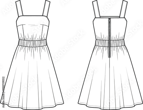 Front and back view technical fashion sketch of sleeveless sundress with wide straps, elastic waist, flared skirt, and back zipper