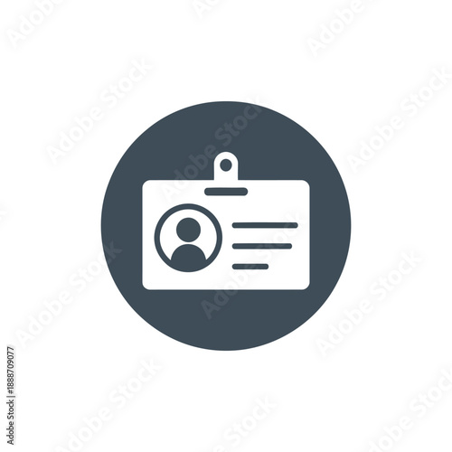 Simple icon of an identification badge or id card with a person silhouette inside a dark circle
