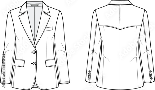 Front and back view technical fashion sketch of tailored blazer jacket with notched lapel, button closure, flap pockets, and back yoke