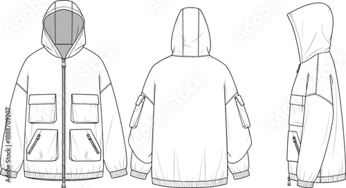Front back and side view technical fashion sketch of hooded utility jacket with zipper closure, cargo pockets, and rib cuffs