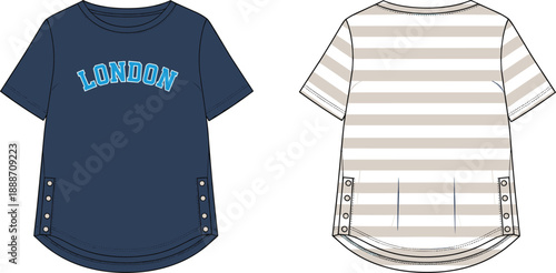 Girls oversized t shirt dress fashion flat sketch with London print, side snap buttons, front and back view