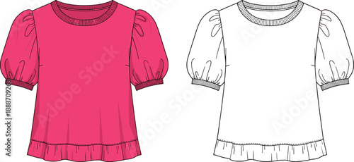 Girls puff sleeve blouse fashion flat sketch with ruffle hem, ribbed neckline, front view technical apparel illustration
