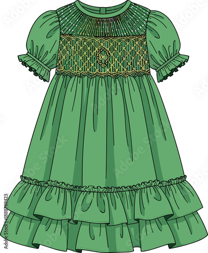 Green girls dress fashion illustration with puff sleeves embroidered bodice and ruffle hem cute kids clothing design isolated