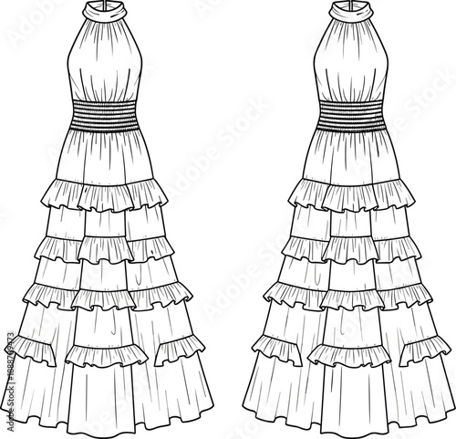 Halter neck ruffle tiered maxi dress technical fashion flat sketch with front and back views, vector illustration