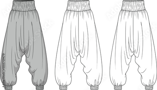 Harem pants technical fashion flat sketch set with front views, high elastic waistband, loose fit silhouette, vector illustration
