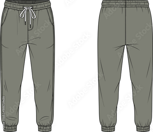 Jogger pants technical fashion flat sketch with front and back views, elastic waistband drawstring and cuffed hem