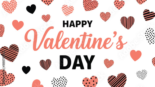 A festive valentine s day greeting card with numerous hearts and joyful celebratory text design