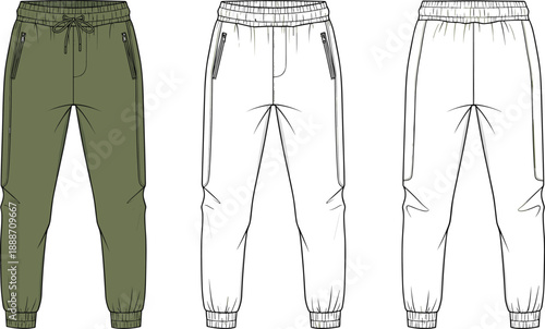 Jogger pants technical fashion illustration with front and back views, drawstring waist, ribbed cuffs and zip pockets design