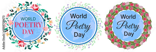 World Poetry Day Earth Globe in Floral Frame Set