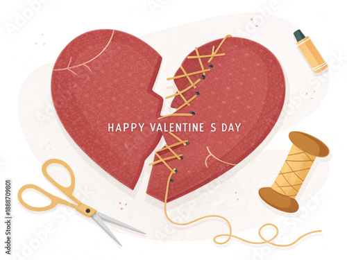 Heart Mend: An illustration capturing a symbolic representation of mending a broken heart with sutures, symbolizing healing and recovery, in honor of Valentine's Day.