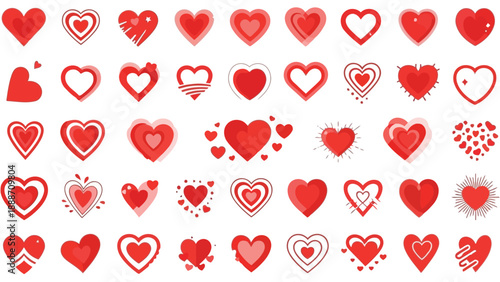 A collection of various red hearts arranged closely together on a plain white background
