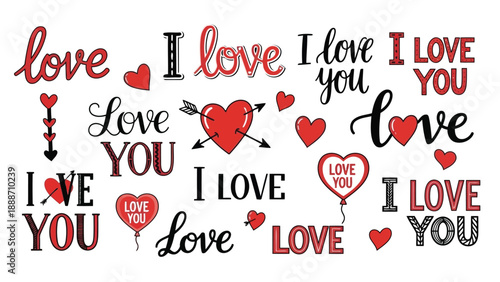 A vibrant collection of repeating love and i love you text with scattered heart illustrations