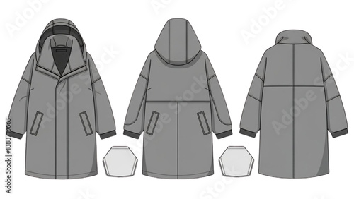 Illustration of a parka coat from front, back, and side views displaying its design and features.