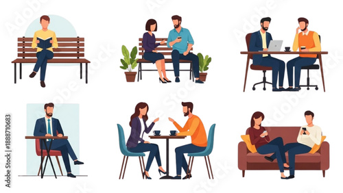 People interacting in various settings, meetings and conversations in different environments from office to casual spaces.